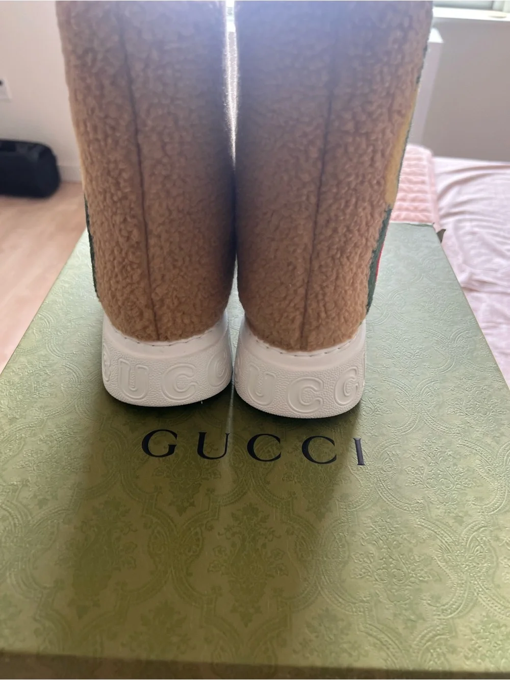 Gucci Tan Shearling Boot with Red & Green Stripe and Yellow Logo.